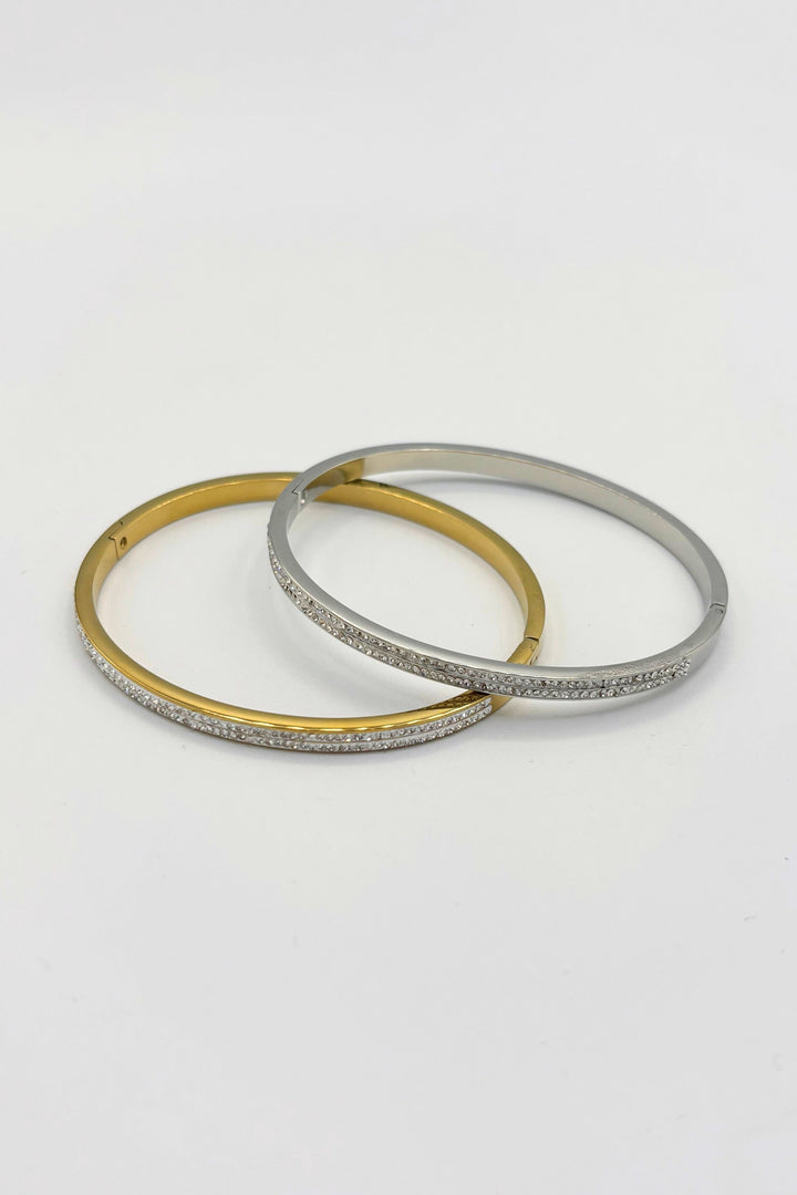 Small Crystal Studded Thin Stainless Steel Hinged Bangle Bracelet