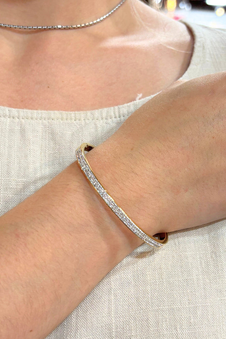 Small Crystal Studded Thin Stainless Steel Hinged Bangle Bracelet