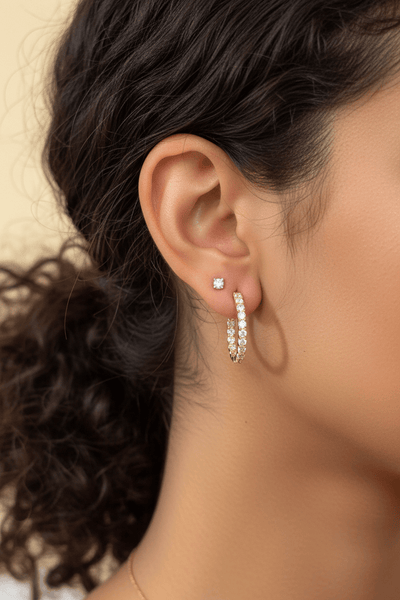 Small Round Set Gemstone Studded Open Style Hoop Earrings