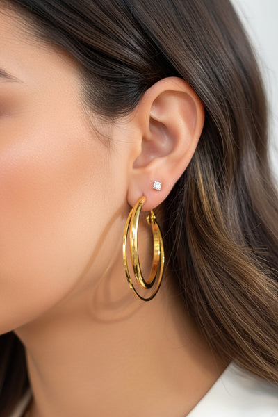 Small Squared and Thick Tapered Edge Double Layered Medium Hoop Earrings