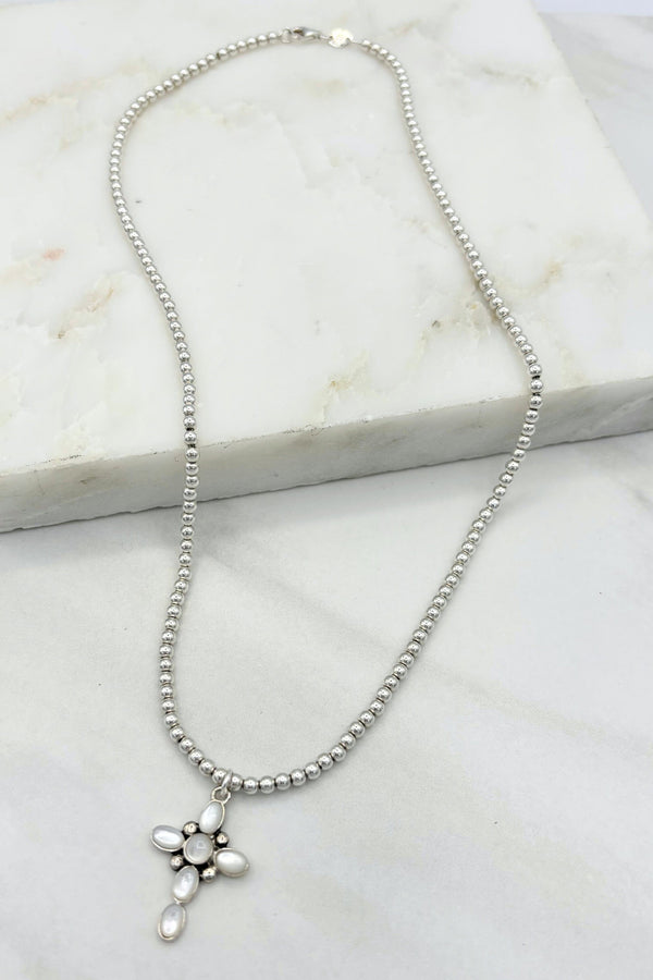 Small Sterling Silver Simple Ball Chain Necklace with Bubble Cross Charm