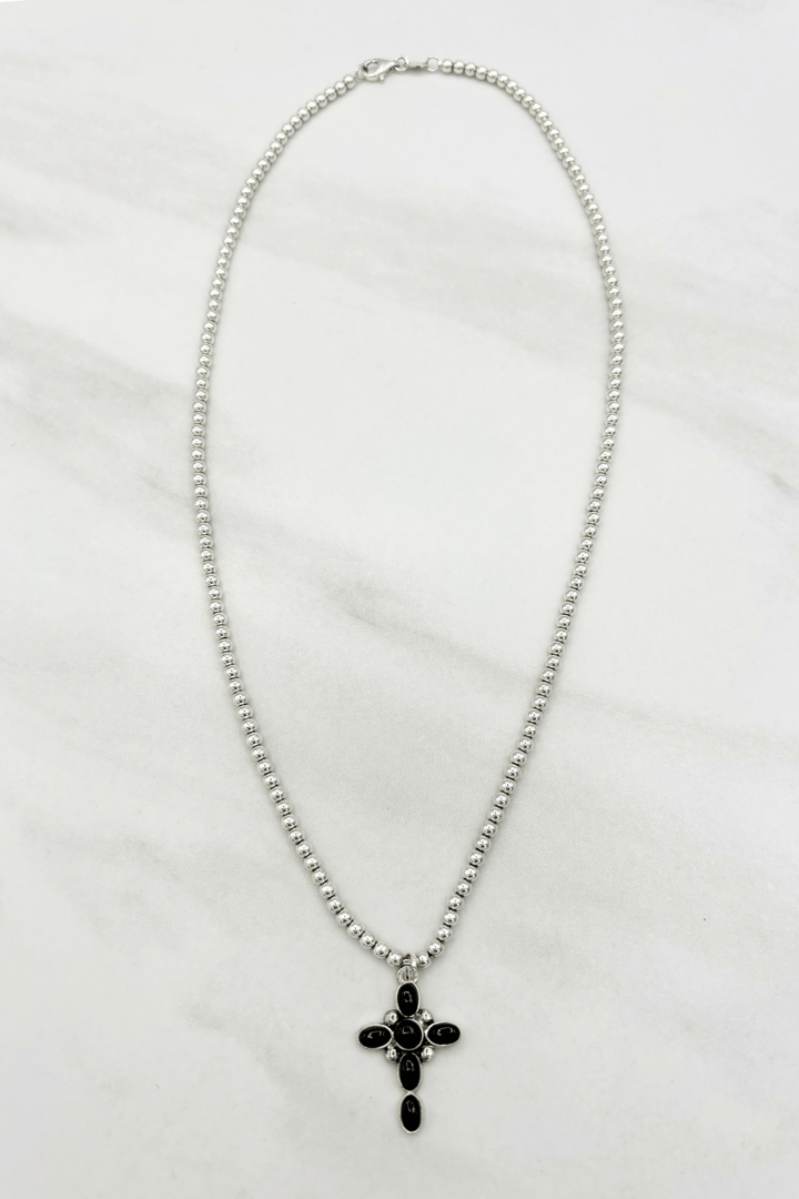 Small Sterling Silver Simple Ball Chain Necklace with Bubble Cross Charm