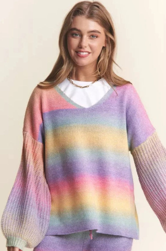 Soft Blended Multicolor V-Neck Sweater with Ribbed Sleeves