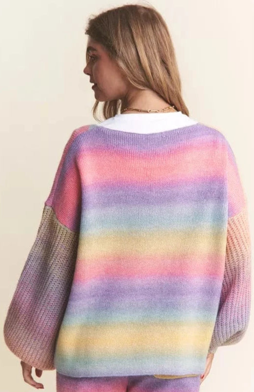 Soft Blended Multicolor V-Neck Sweater with Ribbed Sleeves