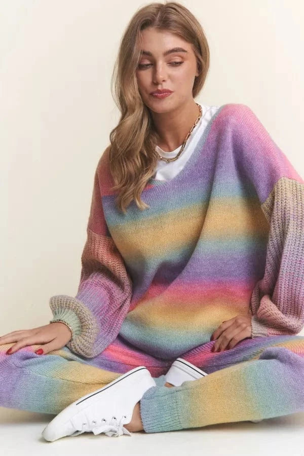 Soft Blended Multicolor V-Neck Sweater with Ribbed Sleeves