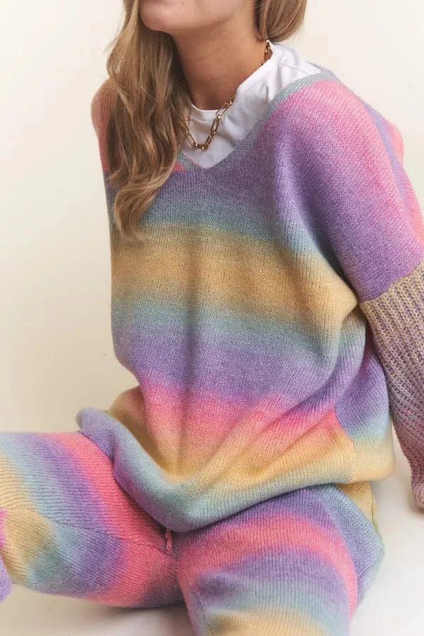 Soft Blended Multicolor V-Neck Sweater with Ribbed Sleeves