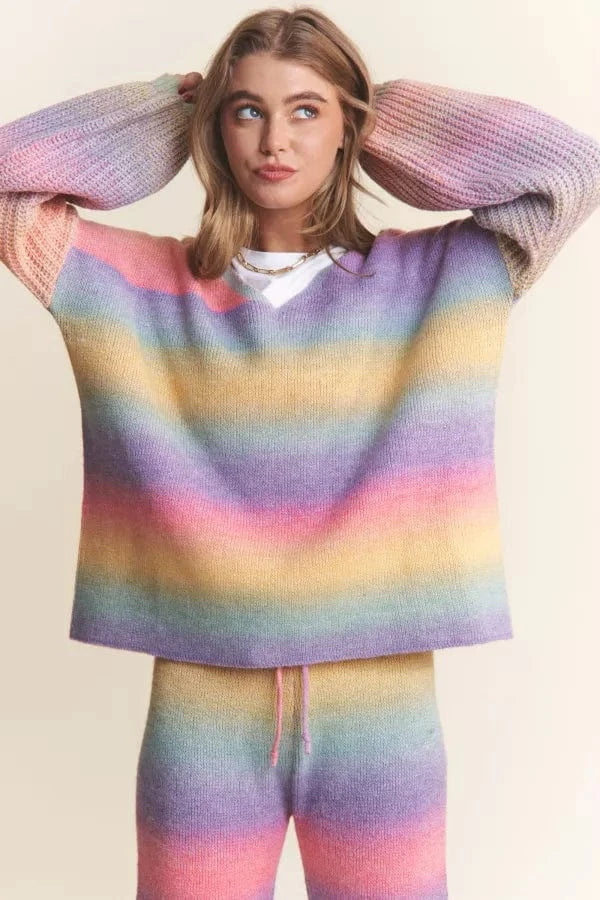 Soft Blended Multicolor V-Neck Sweater with Ribbed Sleeves