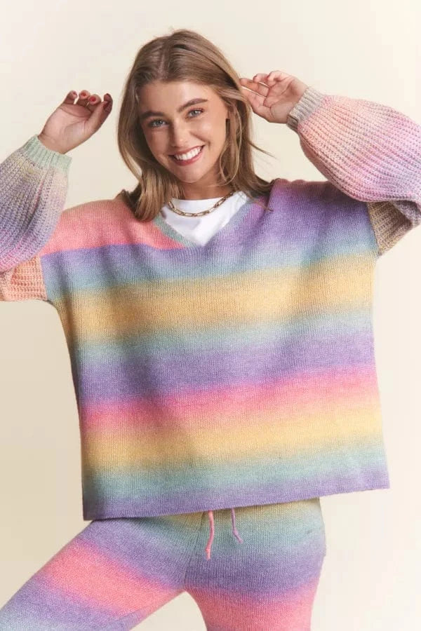 Soft Blended Multicolor V-Neck Sweater with Ribbed Sleeves