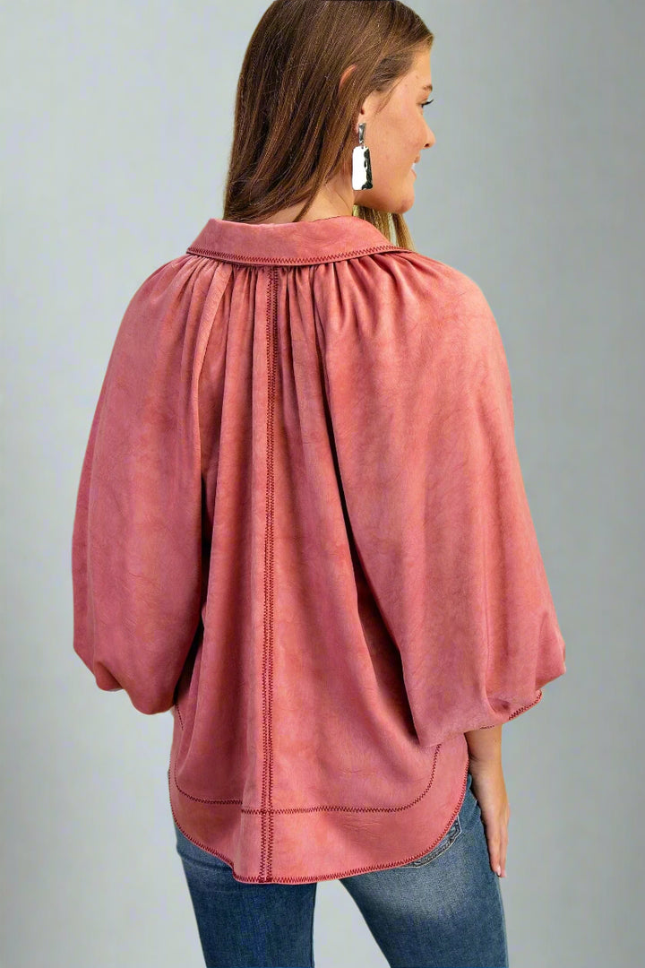 Soft Satin Contrast Color Stitching Balloon Sleeve Wavy Hem Button Down Top