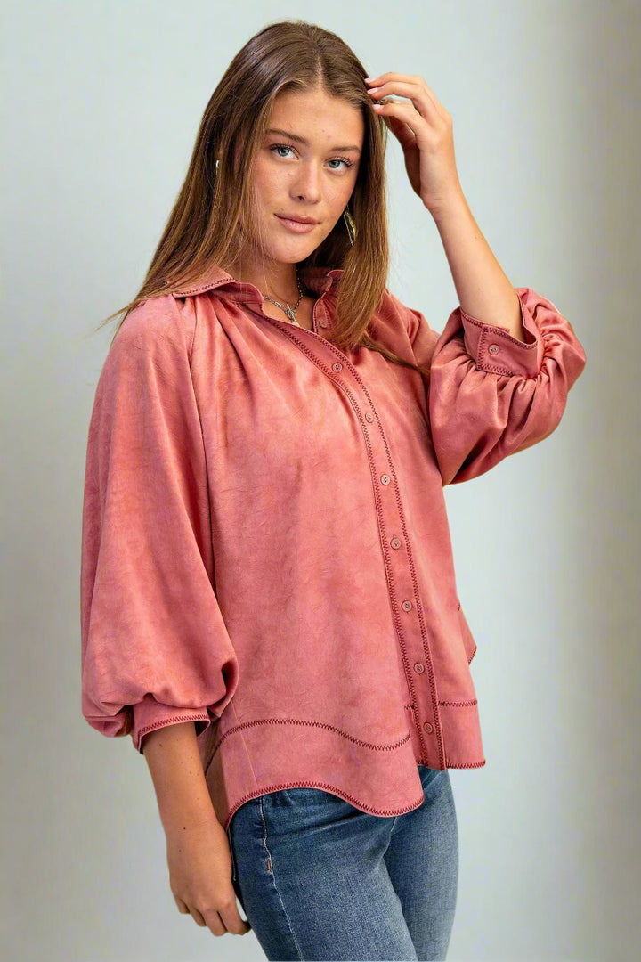 Soft Satin Contrast Color Stitching Balloon Sleeve Wavy Hem Button Down Top
