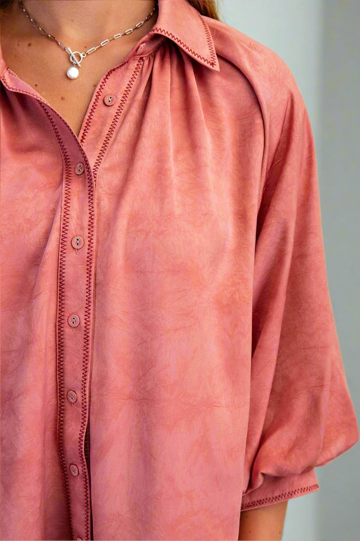 Soft Satin Contrast Color Stitching Balloon Sleeve Wavy Hem Button Down Top