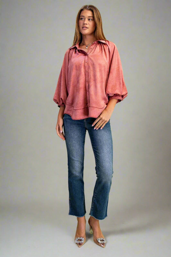 Soft Satin Contrast Color Stitching Balloon Sleeve Wavy Hem Button Down Top