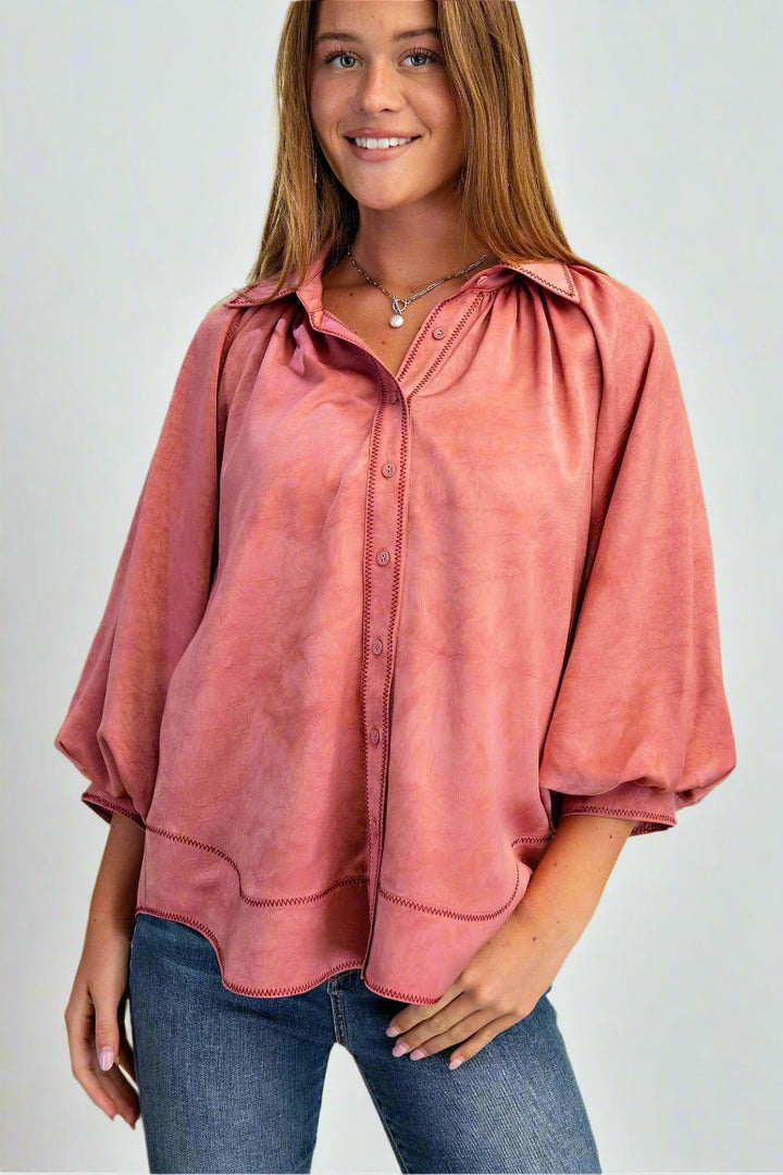 Soft Satin Contrast Color Stitching Balloon Sleeve Wavy Hem Button Down Top