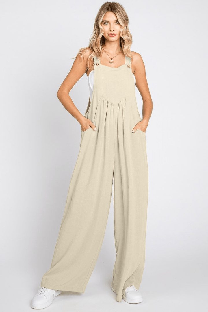 Solid Button Sling Wide-Leg Overall Jumpsuit with Front and Side Pockets