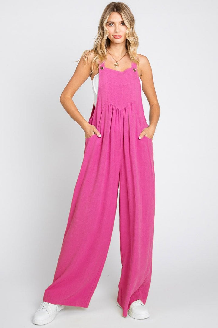 Solid Button Sling Wide-Leg Overall Jumpsuit with Front and Side Pockets