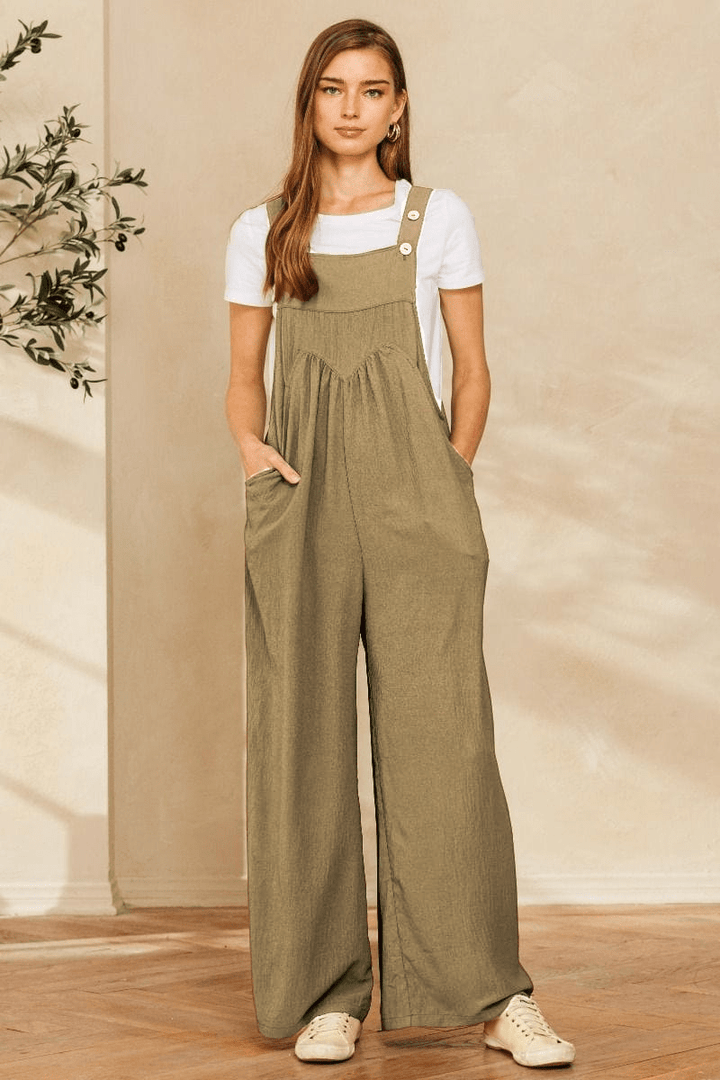 Solid Button Sling Wide-Leg Overall Jumpsuit with Pocket