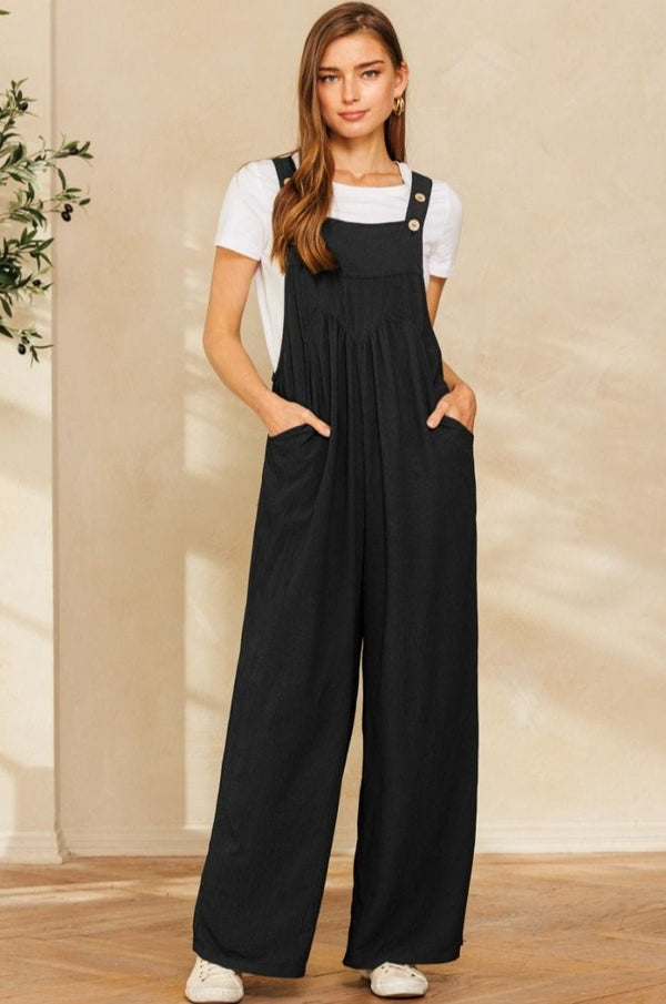 Solid Button Sling Wide-Leg Overall Jumpsuit with Pocket