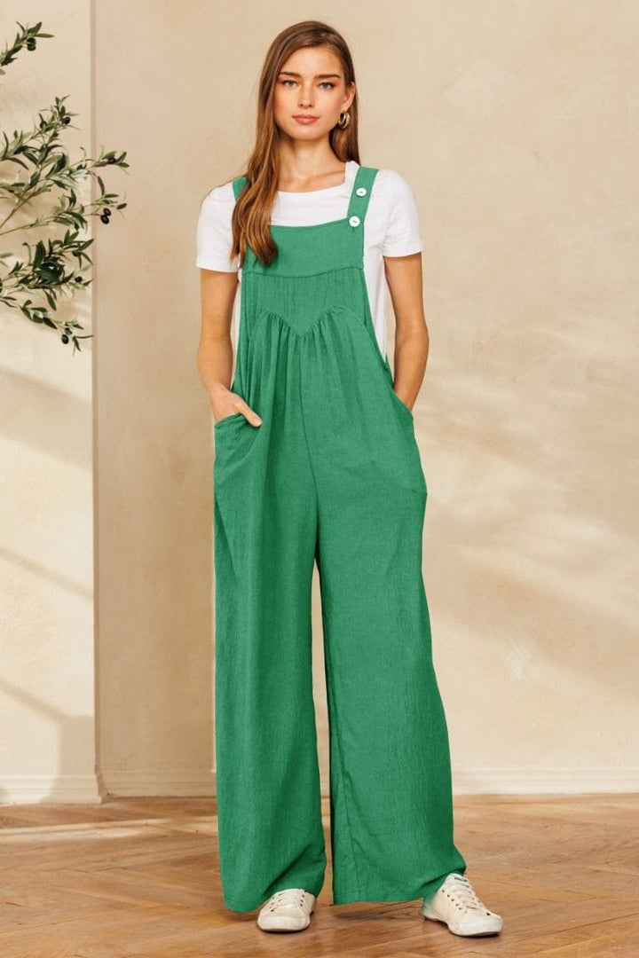 Solid Button Sling Wide-Leg Overall Jumpsuit with Pocket