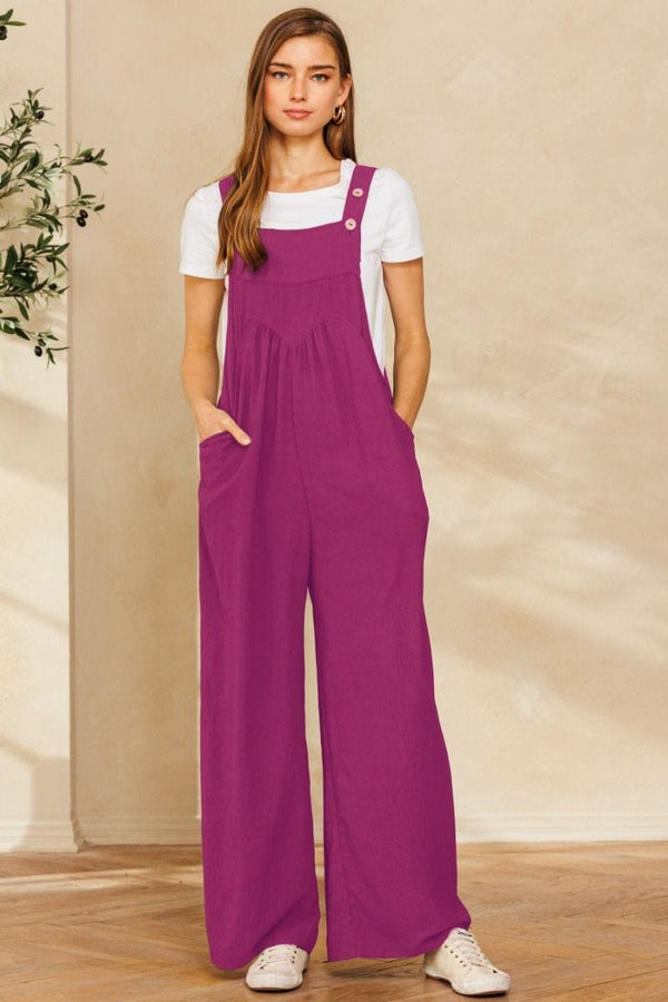 Solid Button Sling Wide-Leg Overall Jumpsuit with Pocket