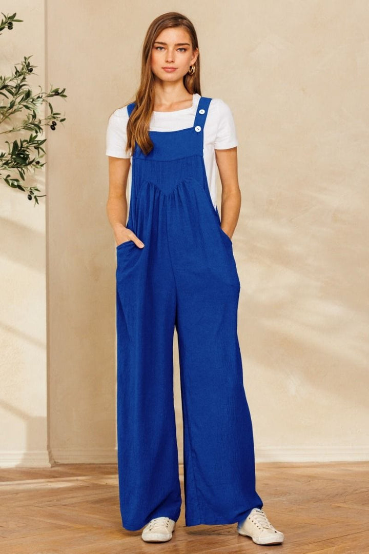 Solid Button Sling Wide-Leg Overall Jumpsuit with Pocket