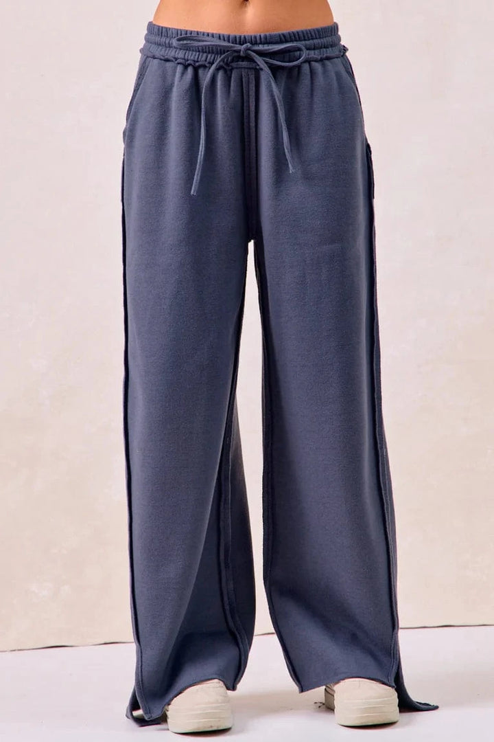 Solid French Terry Drawstring Sweatpants with Raw Edge Details
