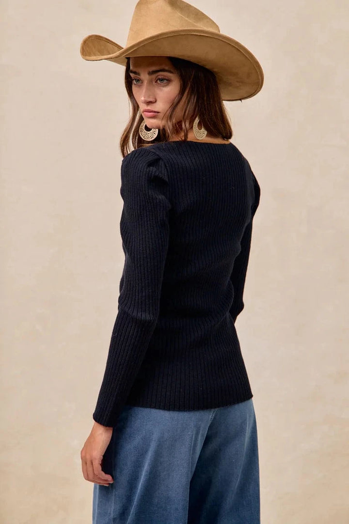 Solid Ribbed Long Sleeve Contrast Trim Top