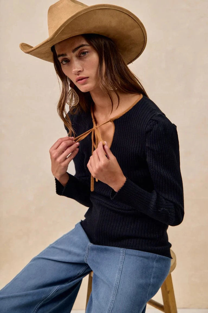 Solid Ribbed Long Sleeve Contrast Trim Top