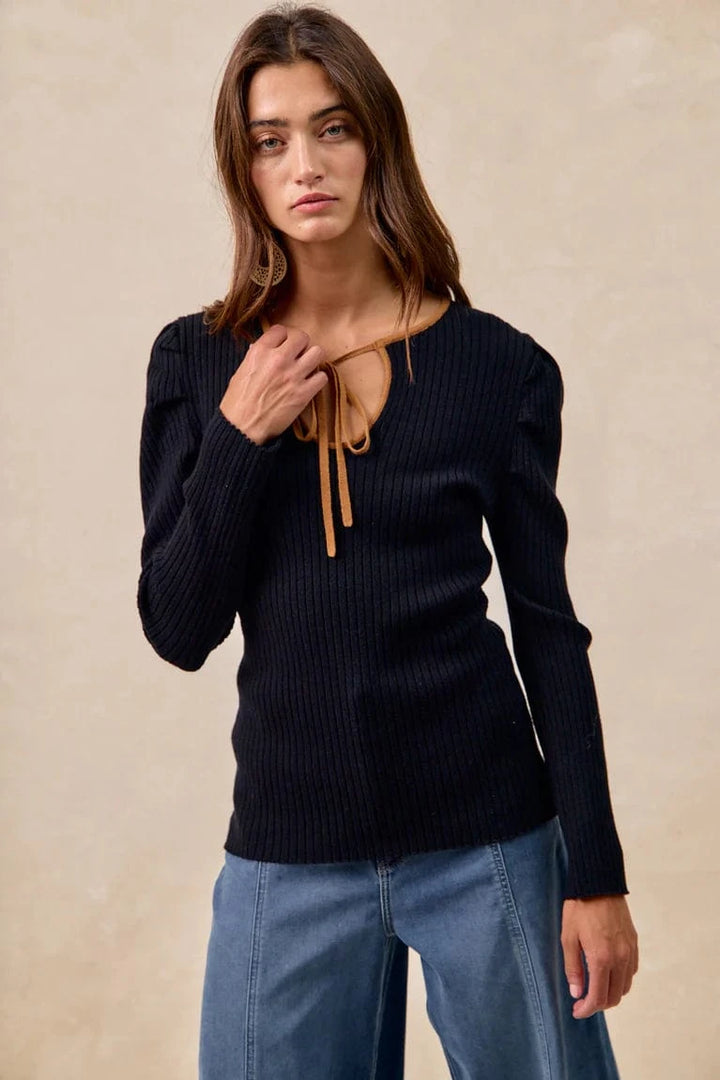 Solid Ribbed Long Sleeve Contrast Trim Top