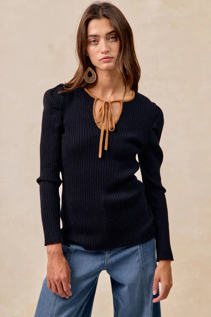 Solid Ribbed Long Sleeve Contrast Trim Top