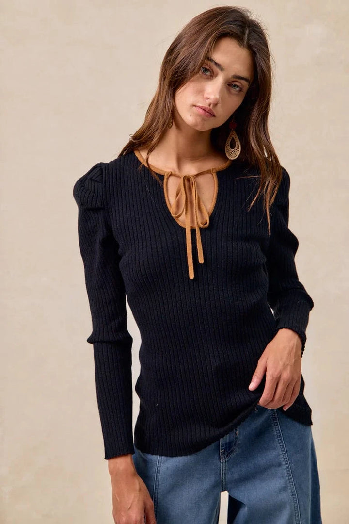 Solid Ribbed Long Sleeve Contrast Trim Top