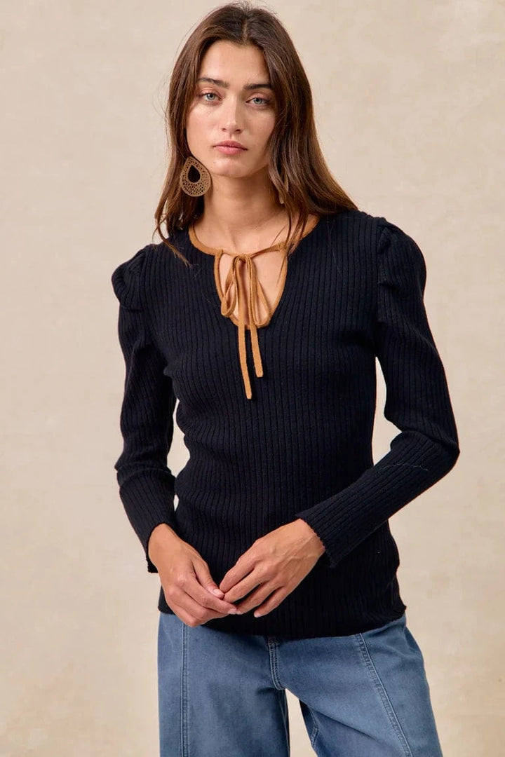 Solid Ribbed Long Sleeve Contrast Trim Top