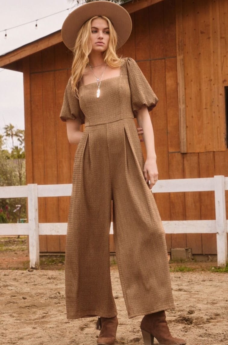 Oddi Solid Textured Square Neckline Short Puff Sleeve Jumpsuit PT OD IP17043 Sand Small