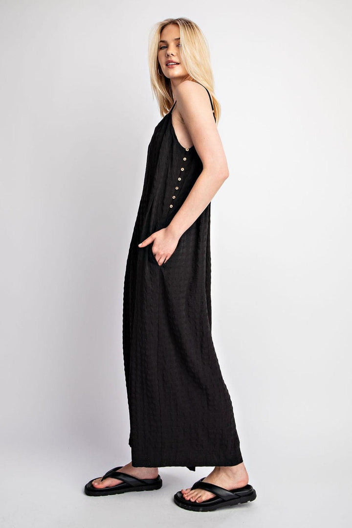 Solid Textured Woven Wide Leg Spaghetti Strap Jumpsuit with Button Down Sides