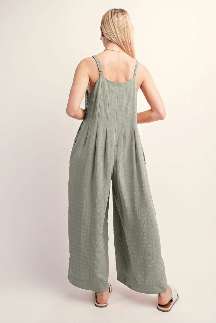Solid Textured Woven Wide Leg Spaghetti Strap Jumpsuit with Button Down Sides