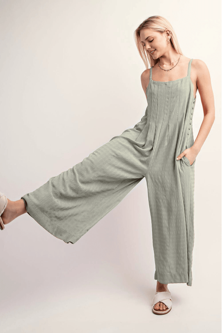Solid Textured Woven Wide Leg Spaghetti Strap Jumpsuit with Button Down Sides
