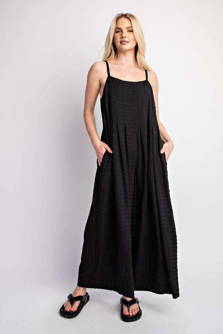 Solid Textured Woven Wide Leg Spaghetti Strap Jumpsuit with Button Down Sides