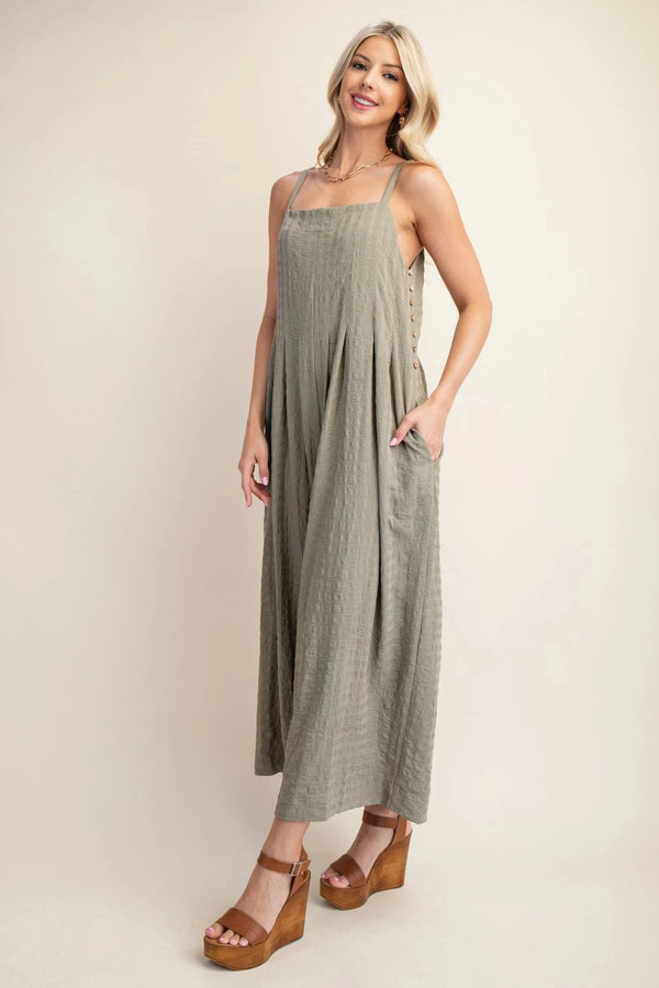 Solid Textured Woven Wide Leg Spaghetti Strap Jumpsuit with Button Down Sides