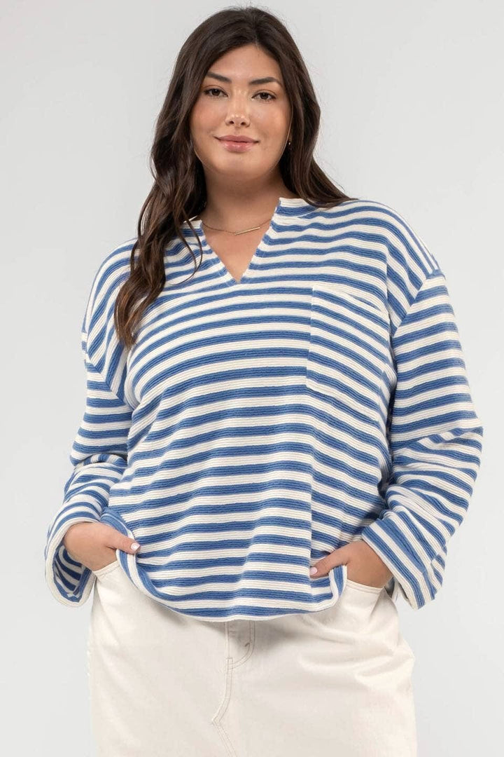 Split Neck Front Pocket Striped Long Sleeve Top with Button Placket Detailed Back