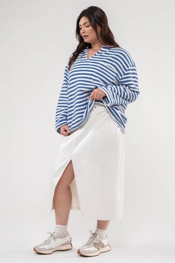 Split Neck Front Pocket Striped Long Sleeve Top with Button Placket Detailed Back