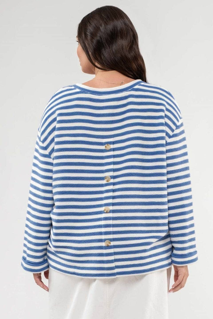 Split Neck Front Pocket Striped Long Sleeve Top with Button Placket Detailed Back