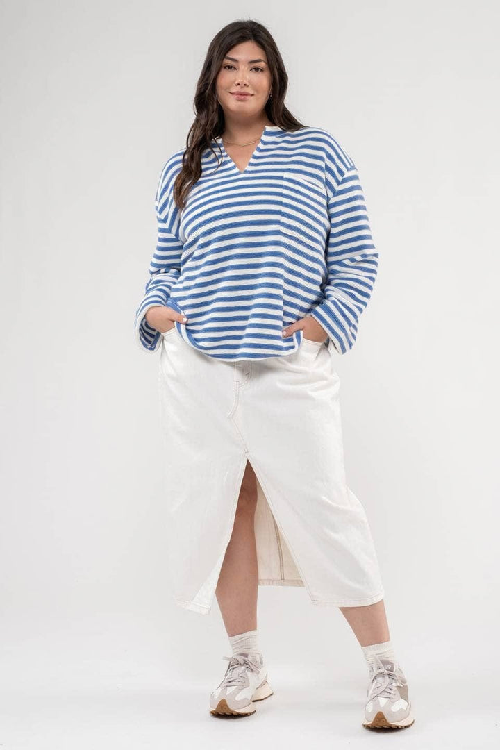 Split Neck Front Pocket Striped Long Sleeve Top with Button Placket Detailed Back