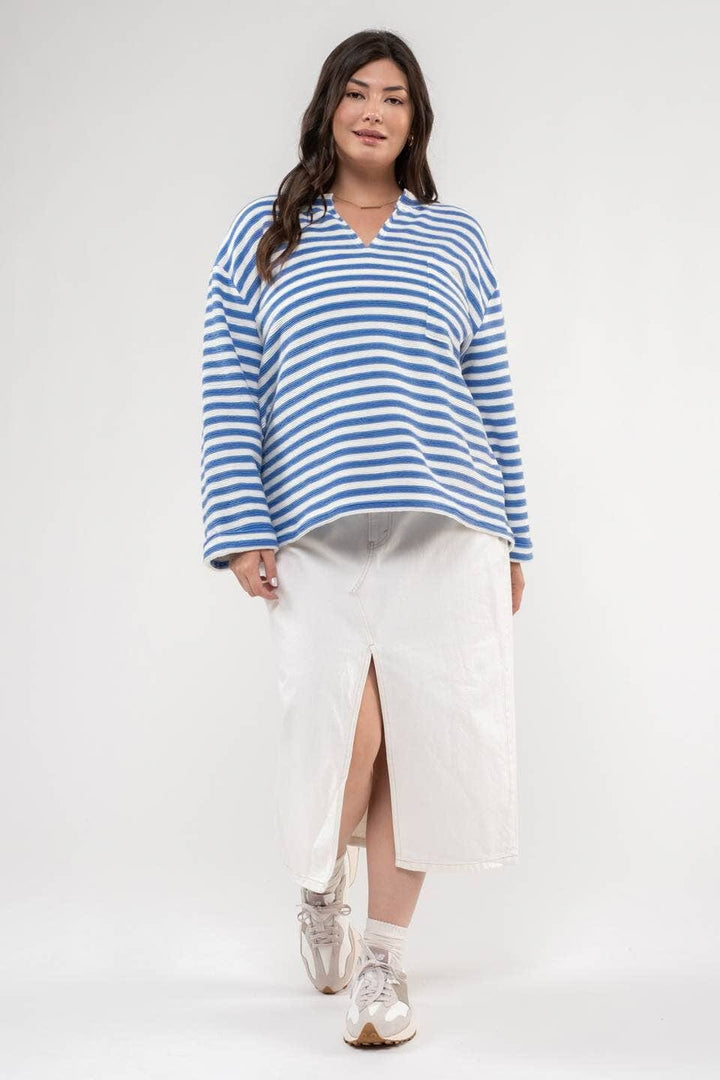 Split Neck Front Pocket Striped Long Sleeve Top with Button Placket Detailed Back