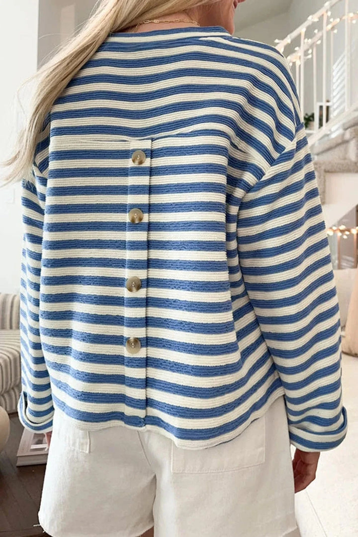 Split Neck Front Pocket Striped Long Sleeve Top with Button Placket Detailed Back