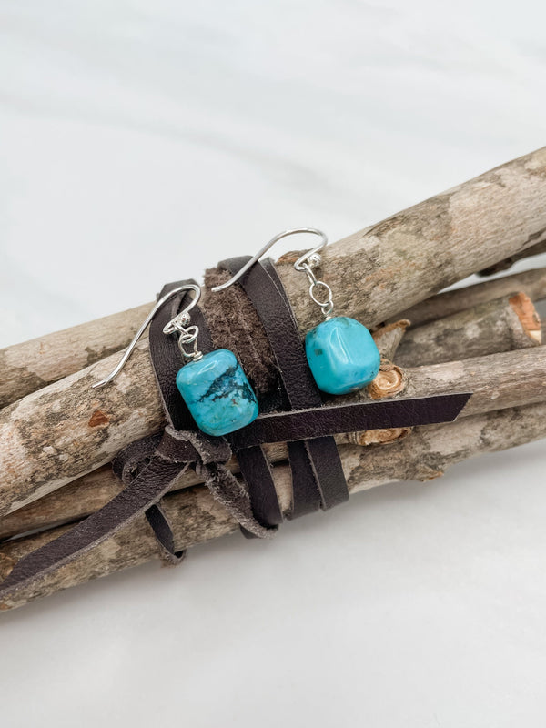 Square Cut Turquoise Earrings with Sterling Silver Hooks