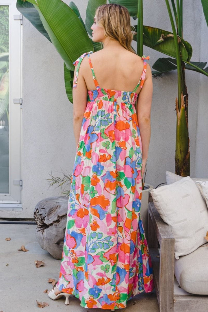 Square Neck Smocked Bodice Floral Printed Maxi Dress