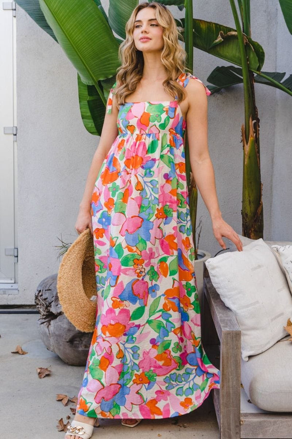 Square Neck Smocked Bodice Floral Printed Maxi Dress