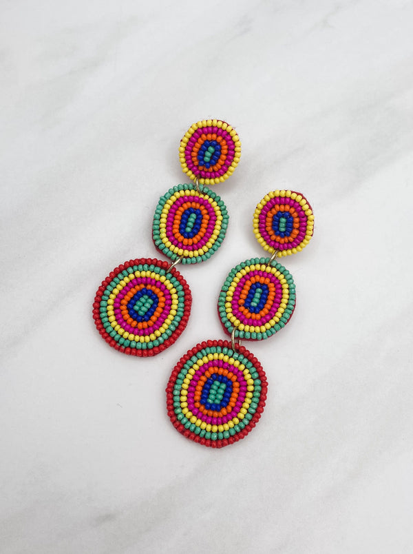Stacked Bright Multicolor Felt Back Seed Beaded Circle Earrings