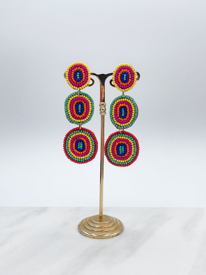 Stacked Bright Multicolor Felt Back Seed Beaded Circle Earrings