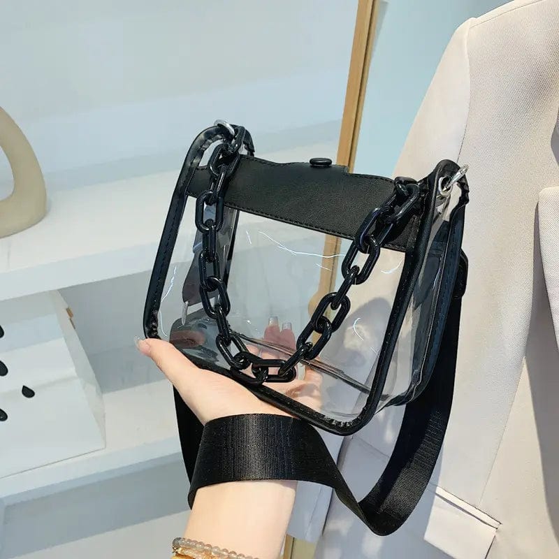 Stadium Approved Clear PVC Crossbody Bag with Chain Accent Black