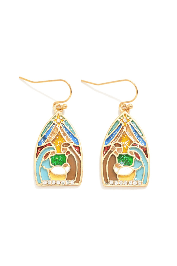 Stained Glass Style Enamel Nativity Scene Earrings